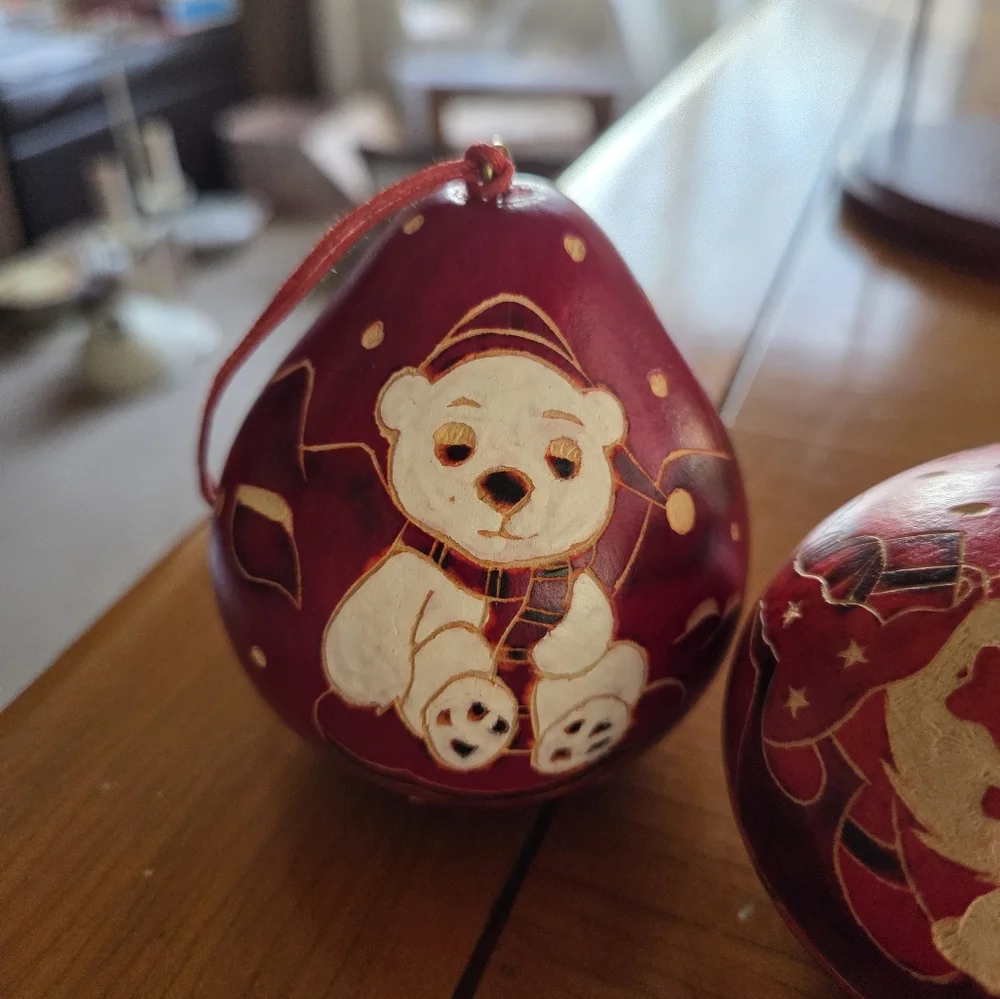 Hand Carved Dried Gourd Ornanent Trio (Polar Bear, Santa & Penguin)